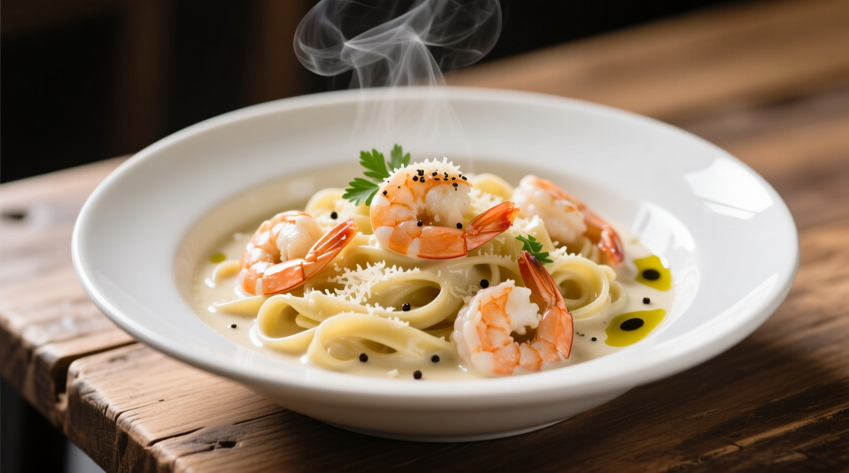 Creamy garlic shrimp pasta in white bowl