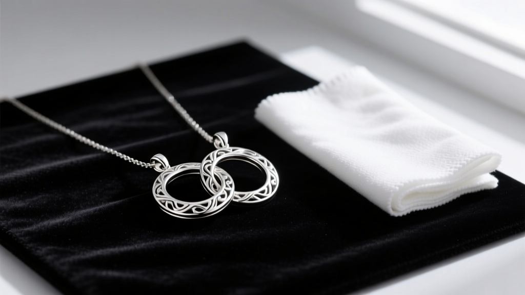 Two interlocking sterling silver match necklace pendants resting on a dark velvet mat next to a soft microfiber polishing cloth
