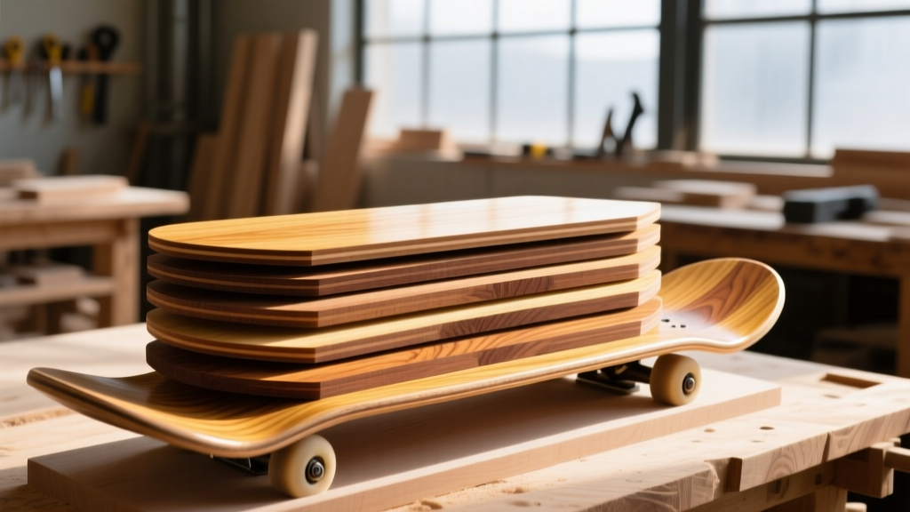 Seven layers of Canadian maple veneer aligned over a custom skateboard mold before vacuum pressing in a sunlit woodworking shop