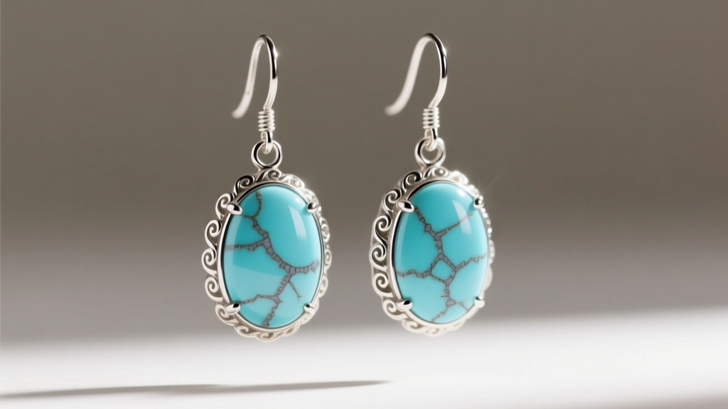 Close-up of sterling silver dangle earrings featuring polished white buffalo turquoise cabochons with subtle grey matrix webbing.