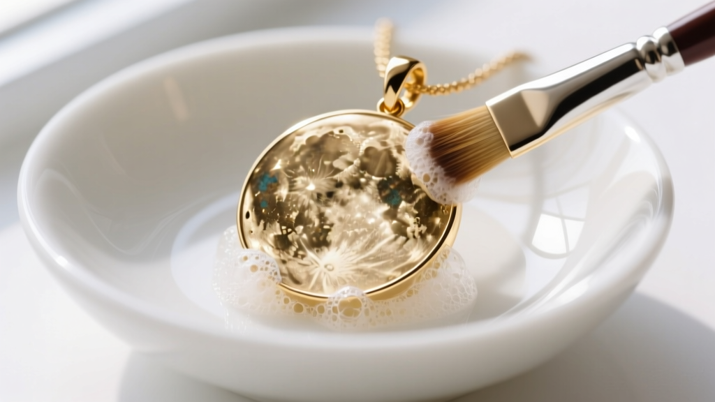 Soft brush cleaning oxidized crevices of a gold vermeil moon phase pendant with mild soap over a white bowl in bright daylight.