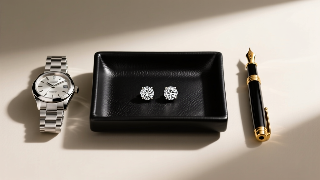 Elegant flat lay of mens diamond stud earrings in a matte black leather valet tray next to a luxury watch and a fountain pen.