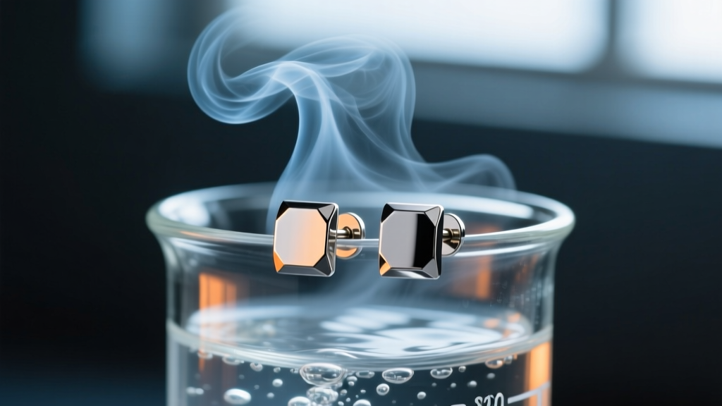 Close-up of titanium stud earrings submerged in a glass beaker of boiling water, steam rising against a dark slate background.