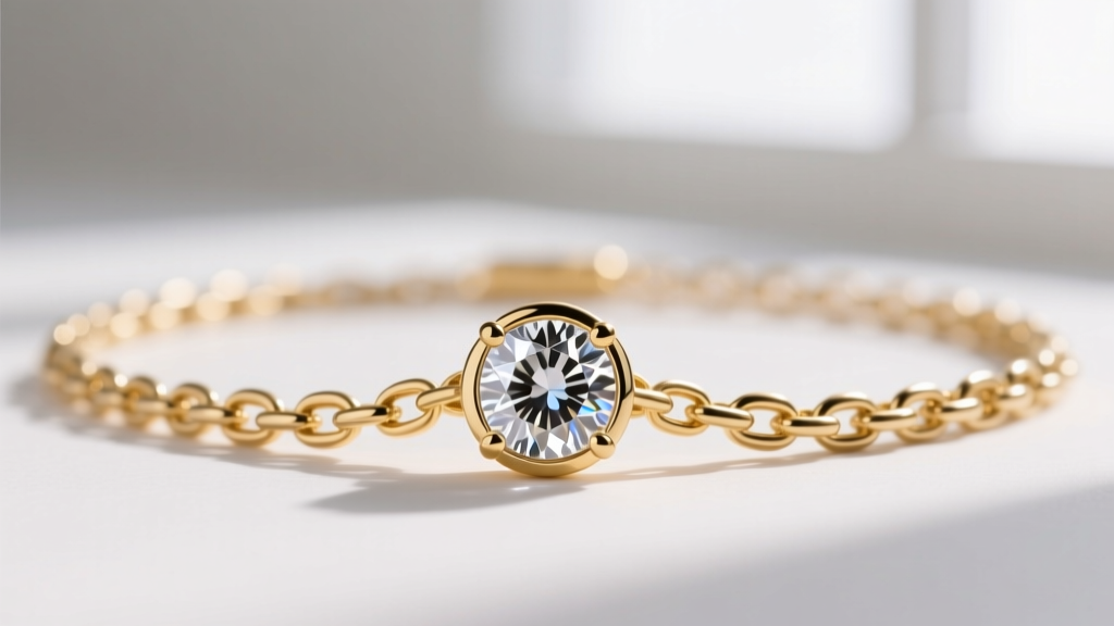 Macro photography of an 18-inch 18k gold plated chain featuring a central bezel-set round brilliant cut clear rhinestone pendant