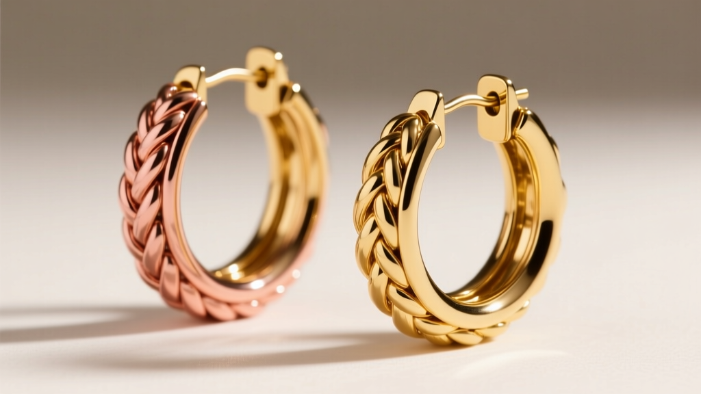 Tri-color gold 1980s hoop earrings showing a woven rope texture and secure latch-back clasp under soft, directional studio lighting