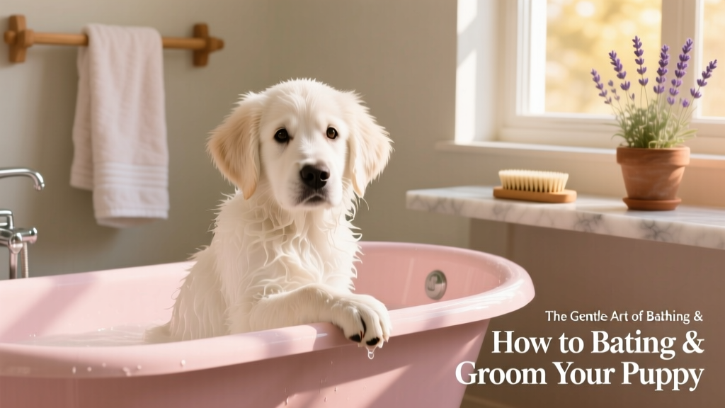 White puppy sitting in a pink tub, fur damp and clean, looking calm and relaxed