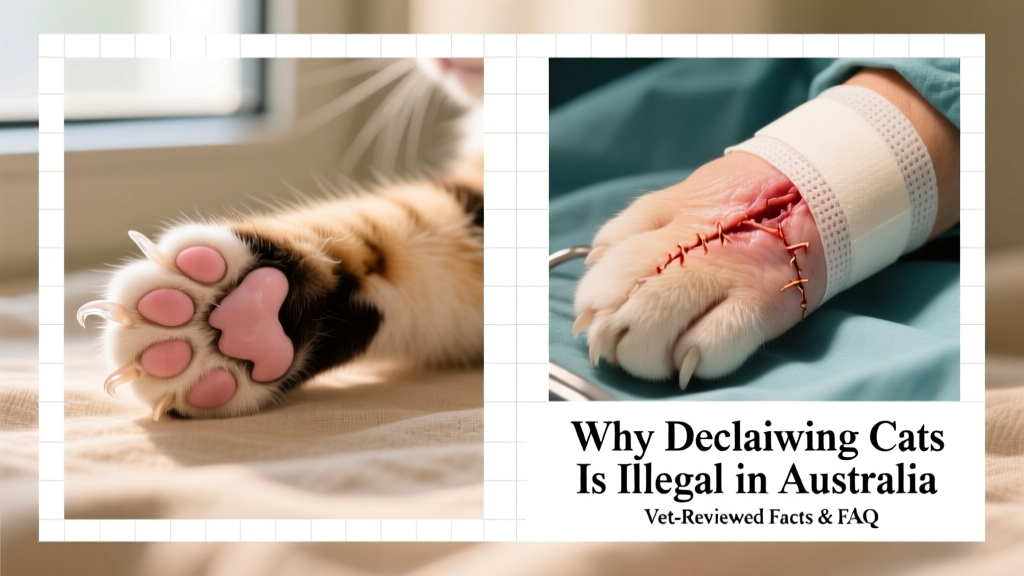 Side-by-side comparison: a cat’s natural paw anatomy versus the surgical site after onychectomy