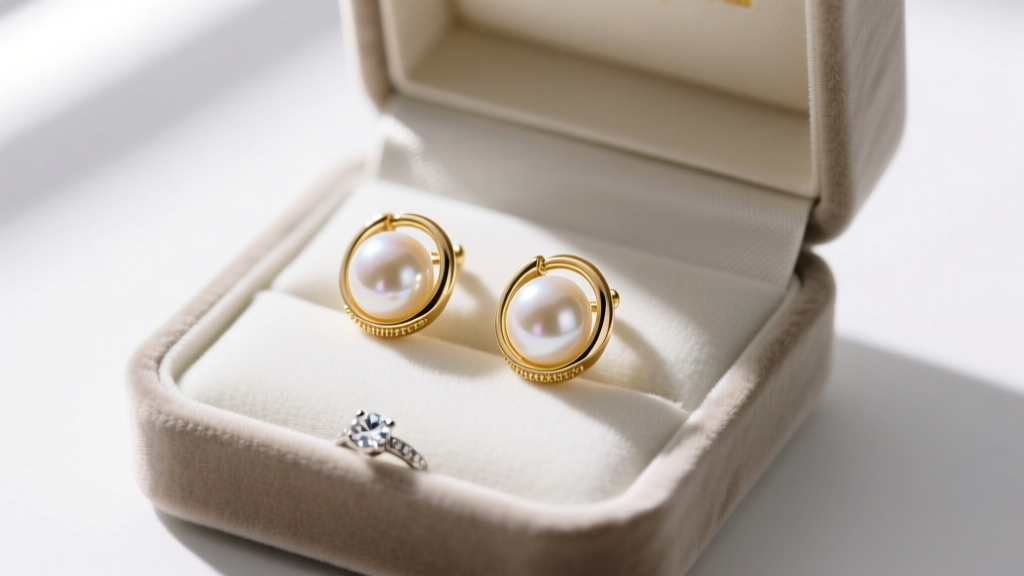 Velvet box displaying 14k gold and Akoya pearl huggies, isolated from diamond rings to prevent nacre damage and surface scratches