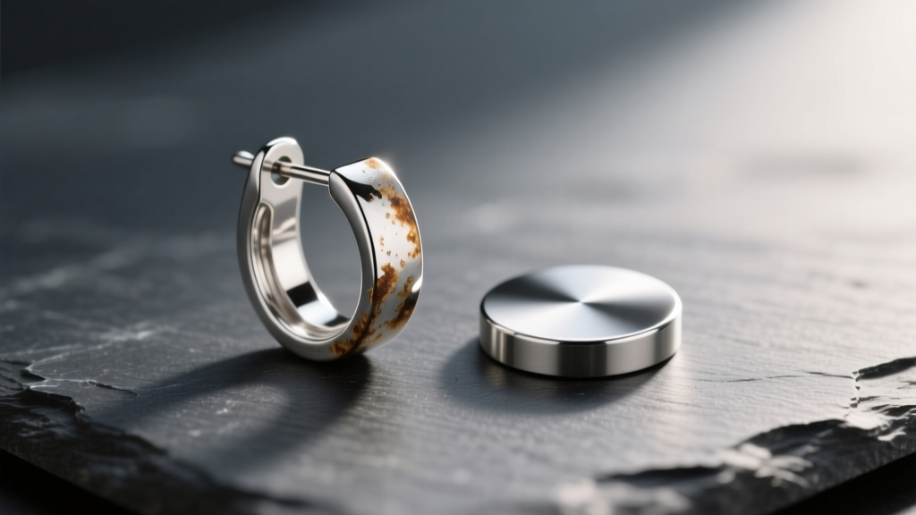 Close-up of a tarnished sterling silver earring beside a pristine implant-grade titanium flat back on a dark slate surface