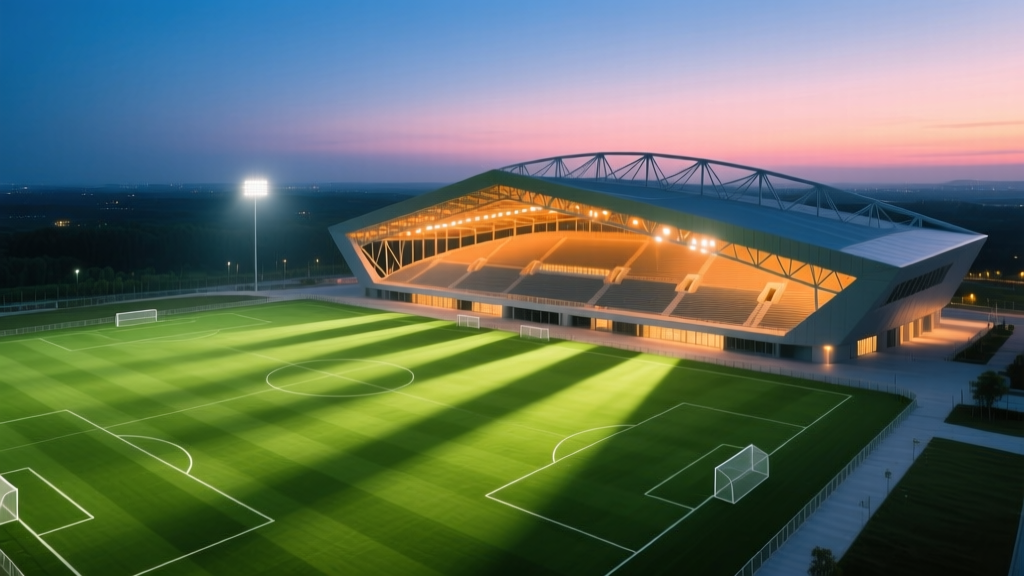Aerial view of a modern sports complex with bright green synthetic turf, LED stadium lighting, and an indoor steel arena at dusk