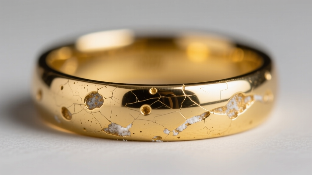 Macro photography of a micro-scratched 18k yellow gold band showing dull surface abrasions caused by harsh baking soda pastes.