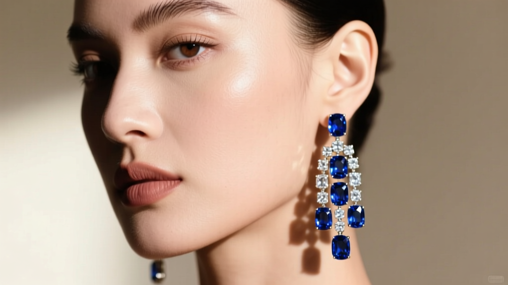 Profile of a model wearing heavy gemstone drop earrings, showing how material weight affects earlobe drape and structural tension