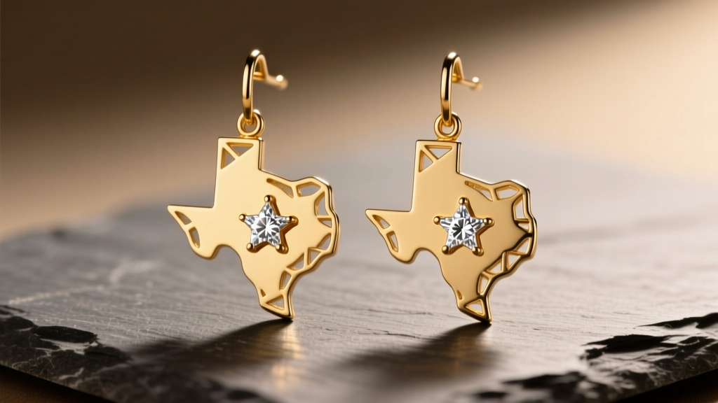 14k gold Texas-shaped drop earrings on slate, displaying cutout borders and a diamond lone star accent under warm studio lighting