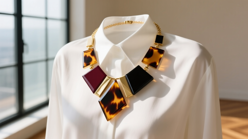 Tortoiseshell acrylic and brass Loft statement necklace draped over a crisp white poplin shirt in bright, natural window light.