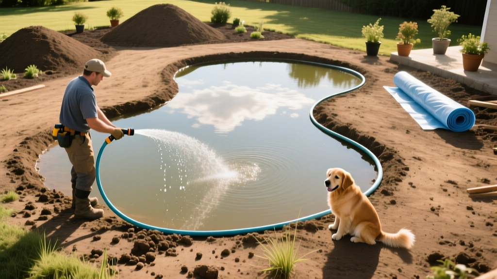 Top-down view of a landscaper marking out a pond shape with a garden hose on flat ground