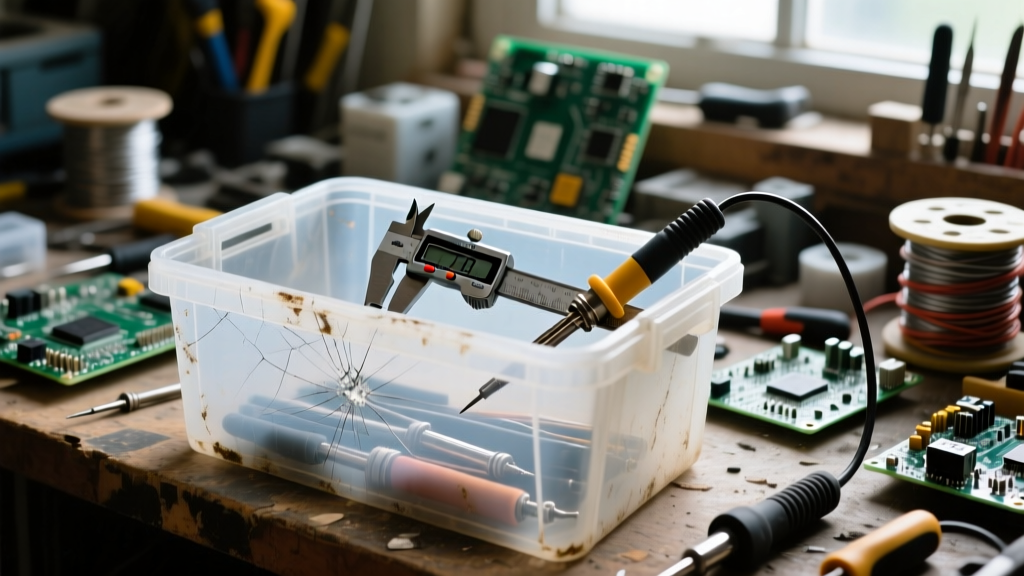 Close-up of a heavily scratched but intact PETG Gridfinity bin holding metal calipers and soldering irons on a messy maker workbench.