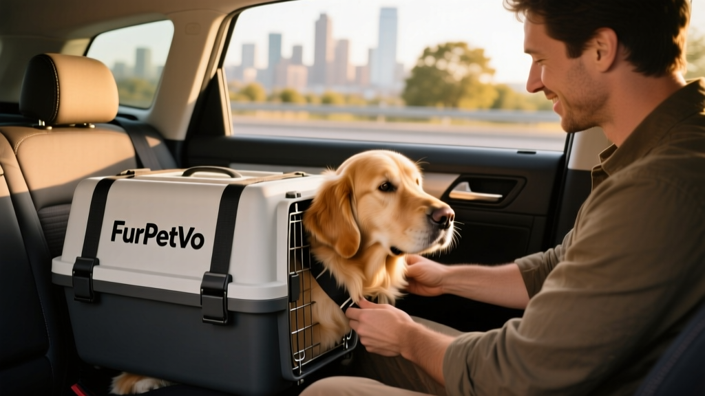 A person securing a dog in a FurPetVo travel crate in the back seat of a car