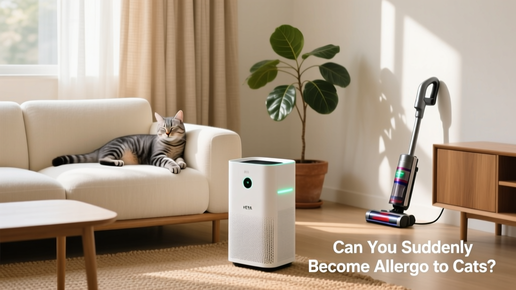 A clean, well-lit living room with a cat resting on a sofa, air purifier visible on a side table, and HEPA vacuum nearby