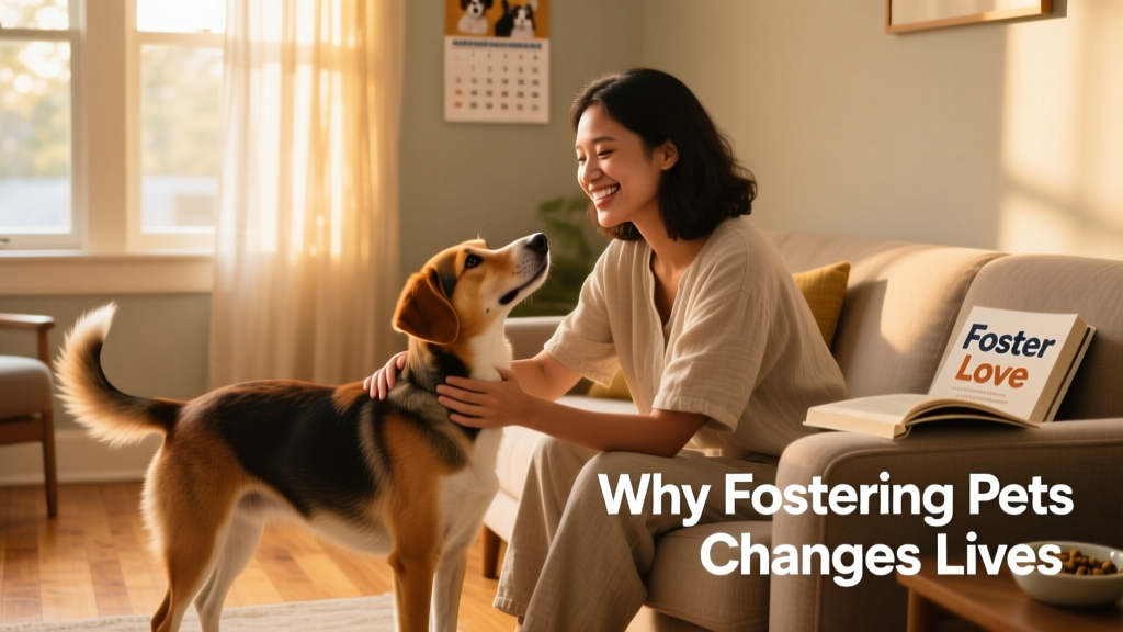 A smiling person gently petting a calm, medium-sized dog in a sunlit living room