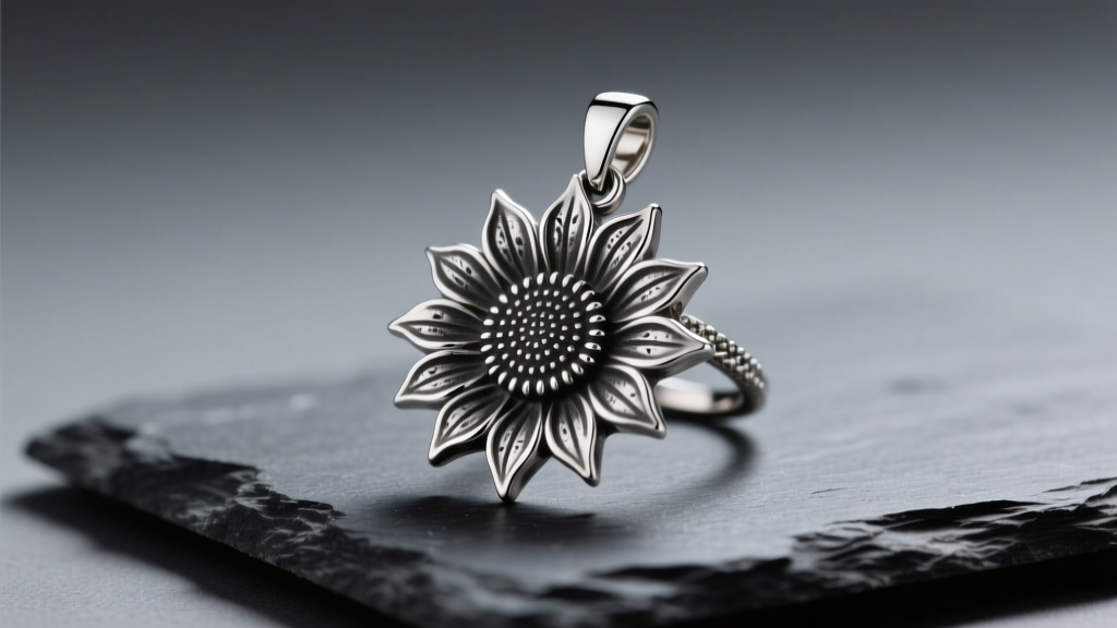 Sterling silver James Avery sunflower pendant on dark slate, showing oxidized petal textures in soft studio light