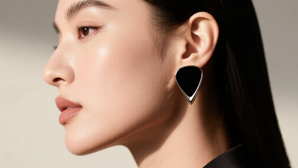 Side profile of a woman wearing small, thick black jazz-style guitar pick earrings that highlight her jawline and cheekbones