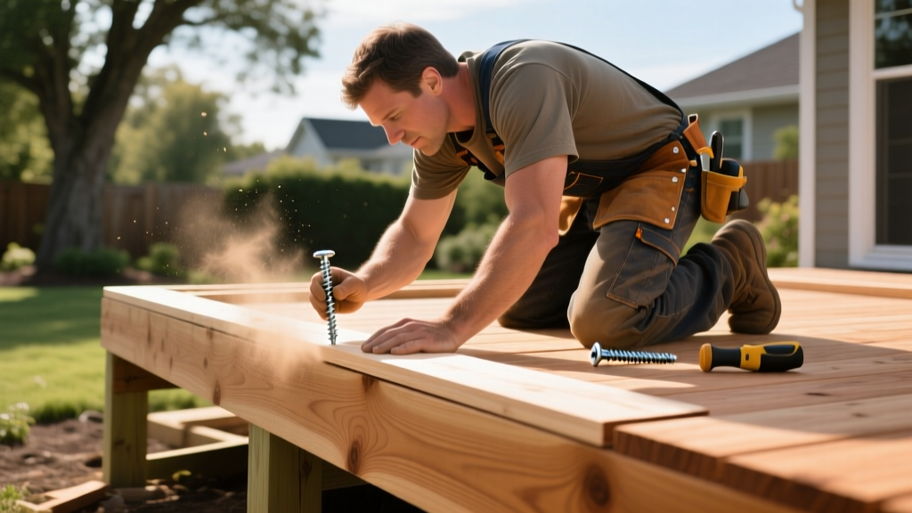 Carpenter installing pressure-treated pine deck boards using polymer-coated star-drive screws on a freshly framed backyard wooden deck