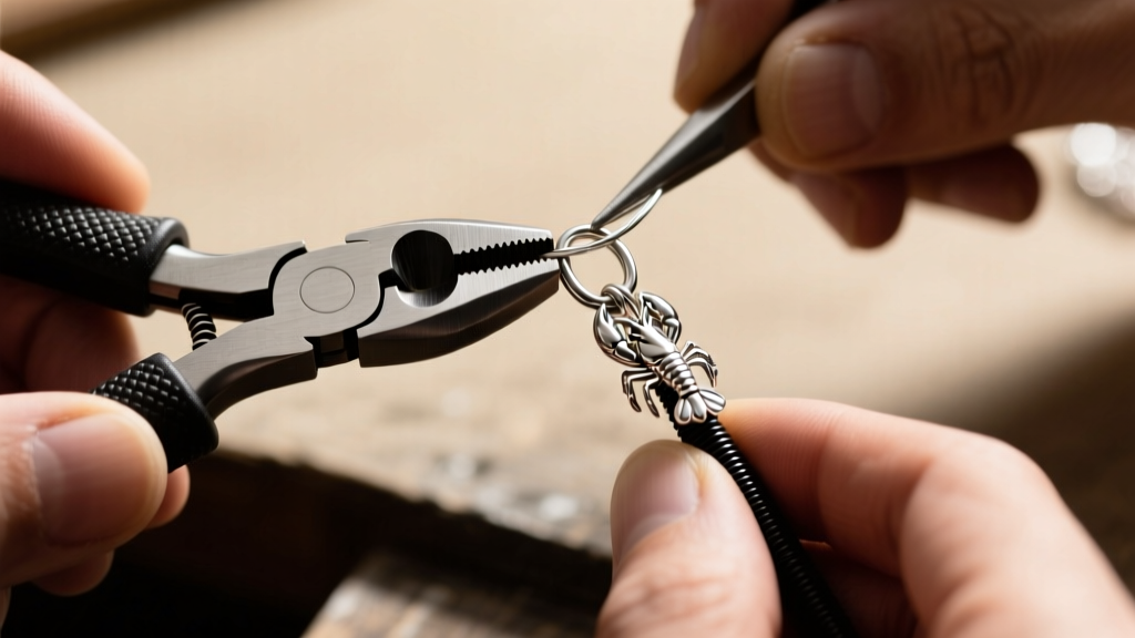 Jeweler using crimping pliers to secure 0.024-inch coated steel beading wire onto a heavy-duty sterling silver lobster clasp