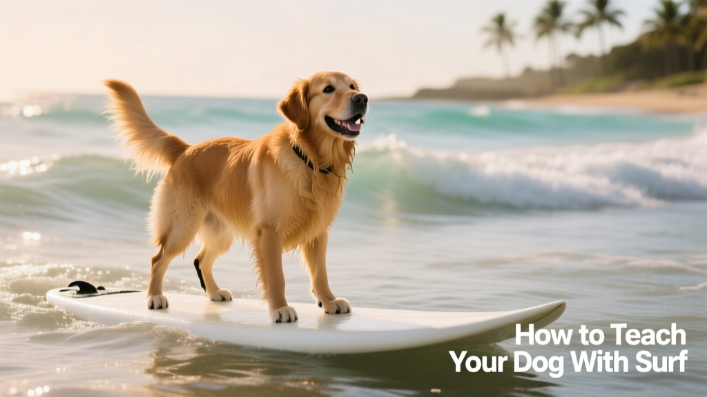 A happy, confident dog balancing on a surfboard in shallow water, with gentle waves in the background