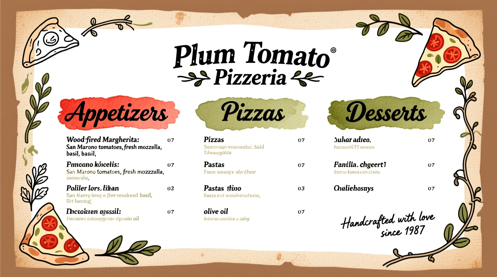 Plum Tomato Pizzeria Menu Guide: What to Expect