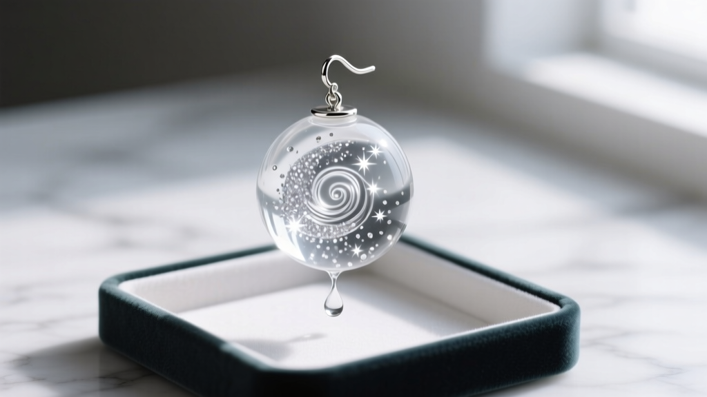Macro photo of a leaking clear resin snow globe earring with silver glitter in fluid, resting on a jeweler's wooden workbench