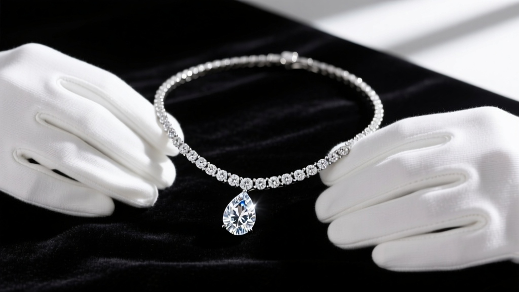 White cotton gloves holding a platinum diamond high jewelry necklace with a large pear-shaped center stone on dark velvet.