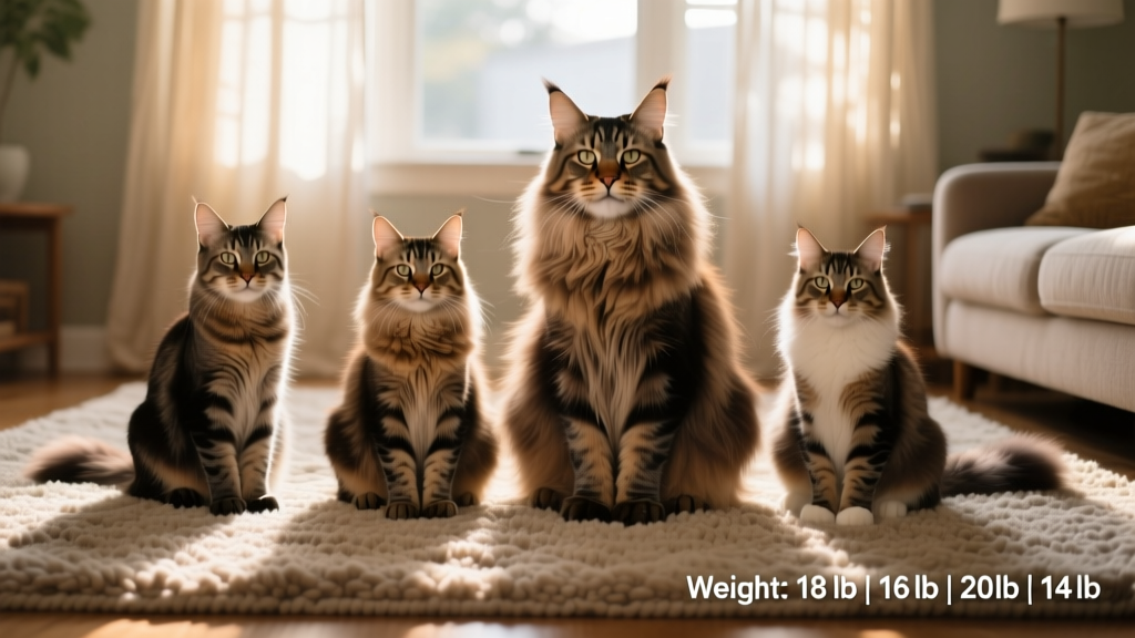Side-by-side comparison of all four Maine Coon cats sitting together on a large rug, highlighting their size differences and lush coats