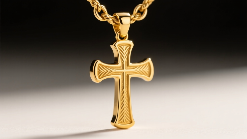 Macro shot of a 14k yellow gold long cross pendant bail, showing friction wear where it meets a heavy rope chain link