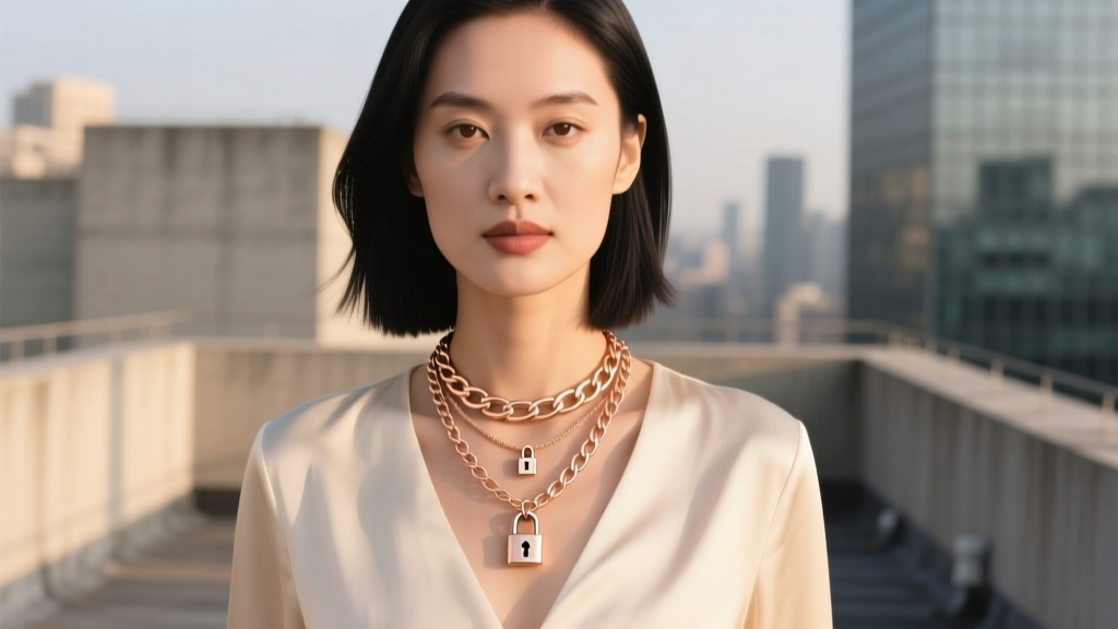 Woman wearing layered 18-inch rope and 20-inch box chains with small minimalist padlock and key pendants in polished rose gold.
