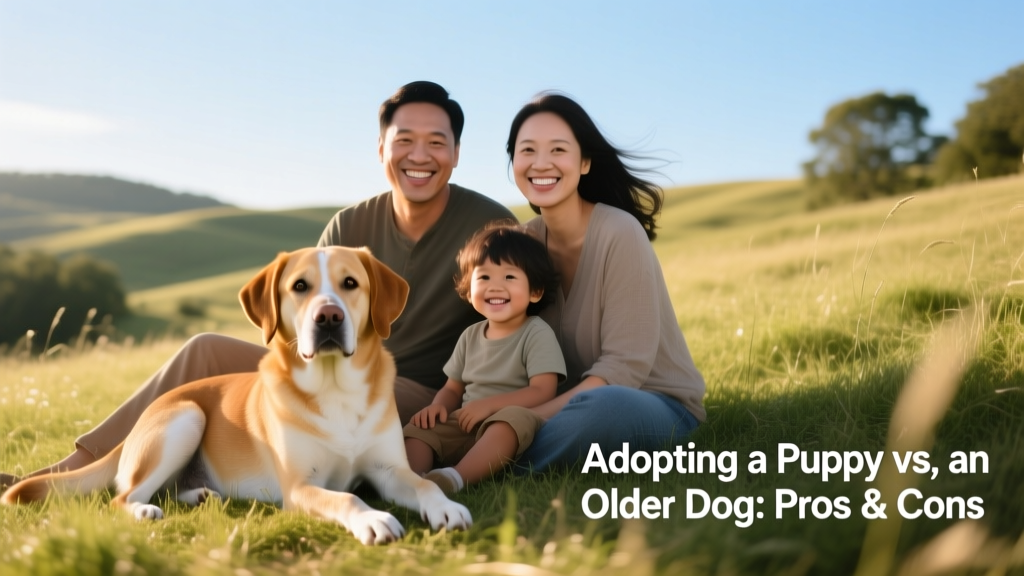 A happy family sitting on a grassy hill with both a young child and a friendly adult Labrador mix, smiling together