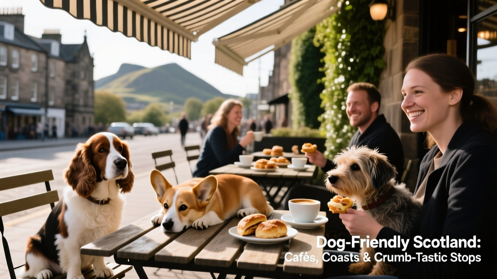 A relaxed café terrace in Edinburgh with dogs resting under tables while owners enjoy coffee and locally baked treats