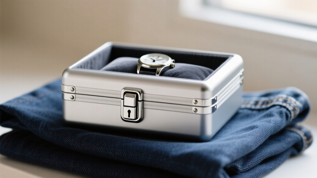 Compact aluminum travel boys jewelry box on folded denim, featuring a silver combination lock and a soft interior watch cushion.
