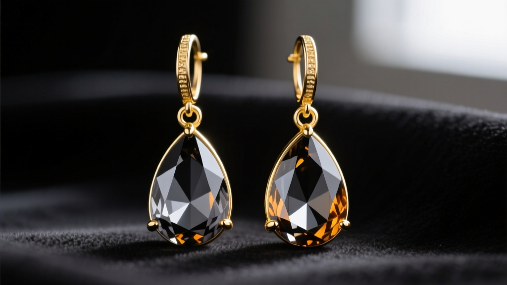 Close-up of elegant 14k yellow gold drop earrings featuring faceted pear-cut smoky quartz stones against dark velvet.