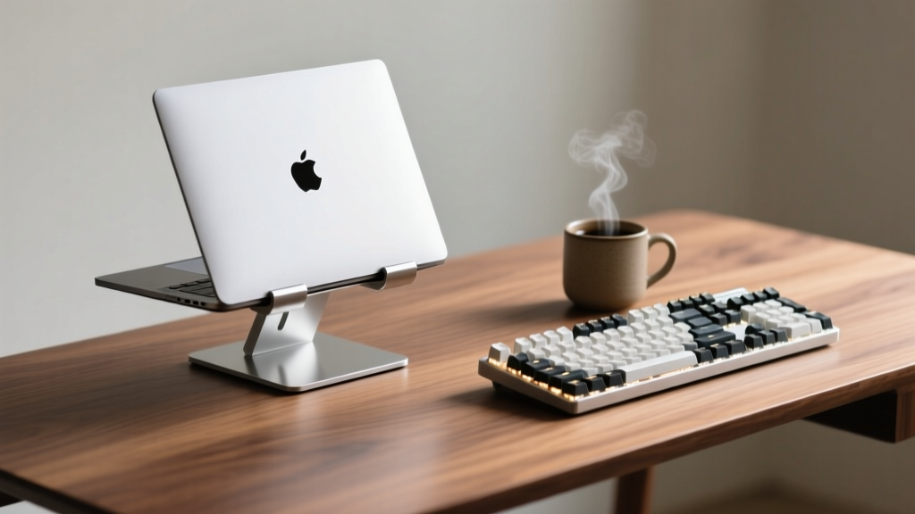 Minimalist walnut desk featuring a silver MacBook Pro mounted on a CNC aluminum stand next to a mechanical keyboard and coffee mug