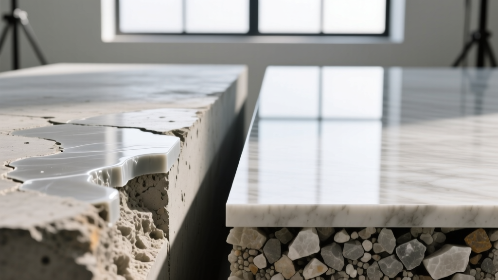 Side-by-side cross-section diagram showing the topical wax layer of burnished concrete versus the mechanically densified surface of polished concrete.