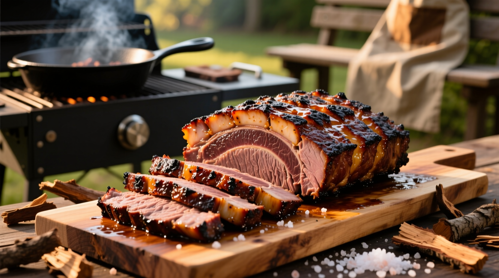 Perfectly grilled brisket with smoke ring and tender slices