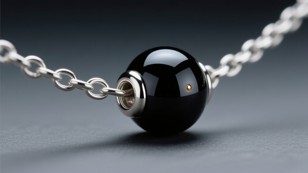 Macro shot of 1.2mm sterling silver cable chain linking into an onyx bead, highlighting a soldered jump ring against dark slate.