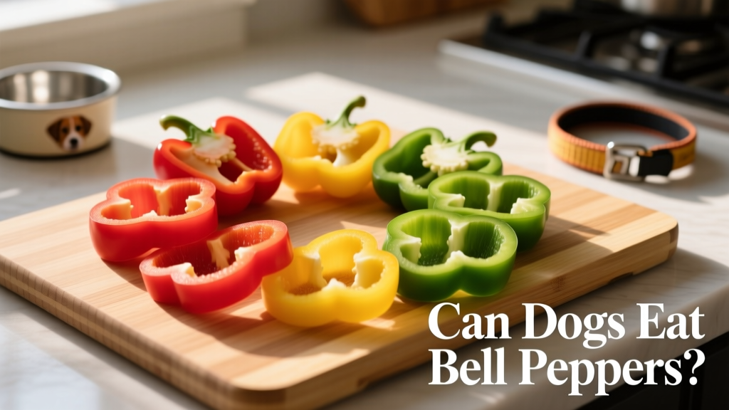 Close-up of vibrant red, yellow, and green bell pepper slices arranged on a pet-safe cutting board