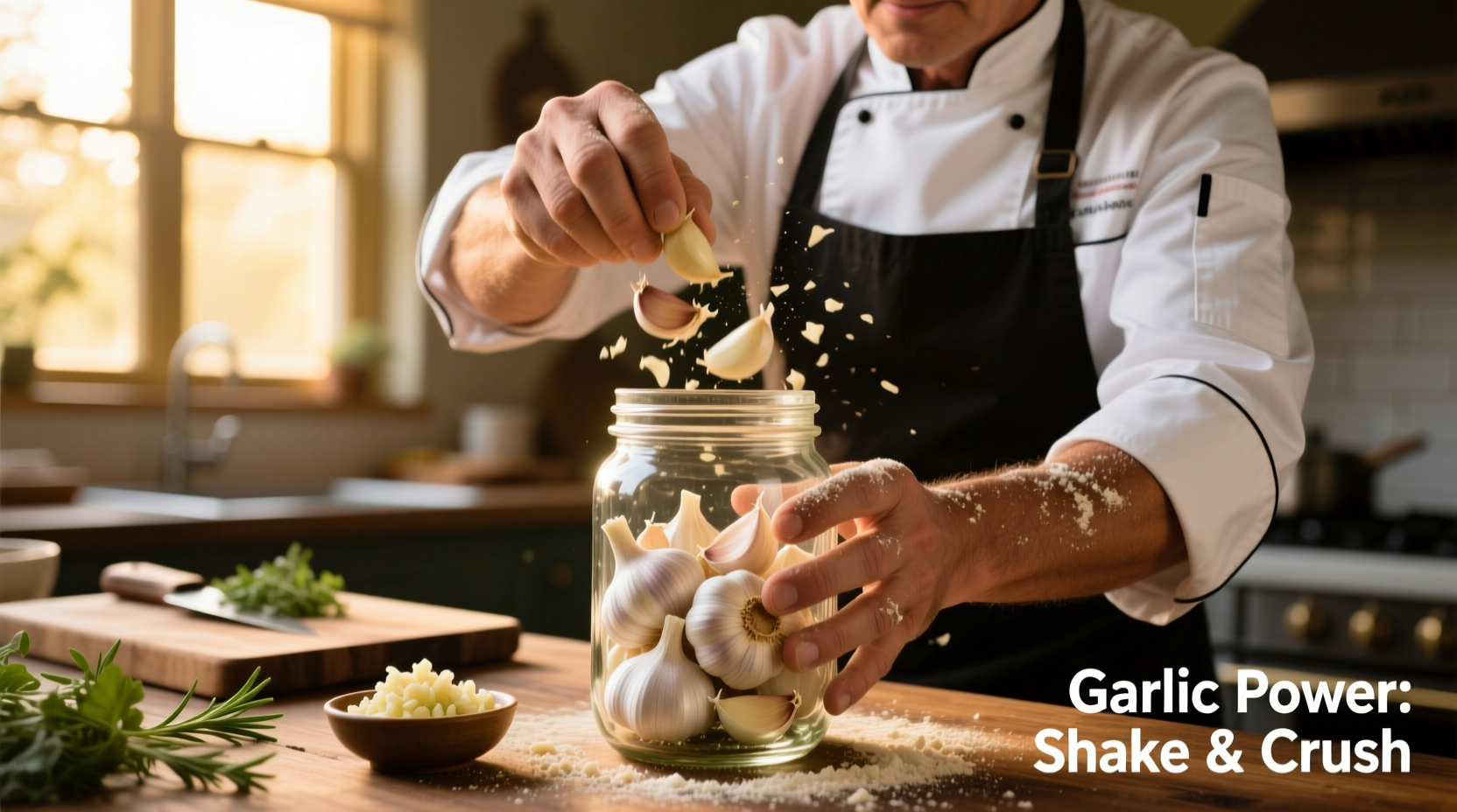 Chef shaking garlic cloves in mason jar