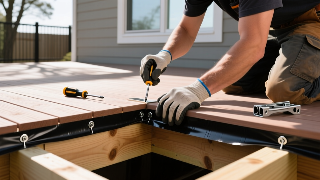 Worker installing hidden fastener clips on capped composite deck boards over pressure-treated joists with black butyl flashing tape