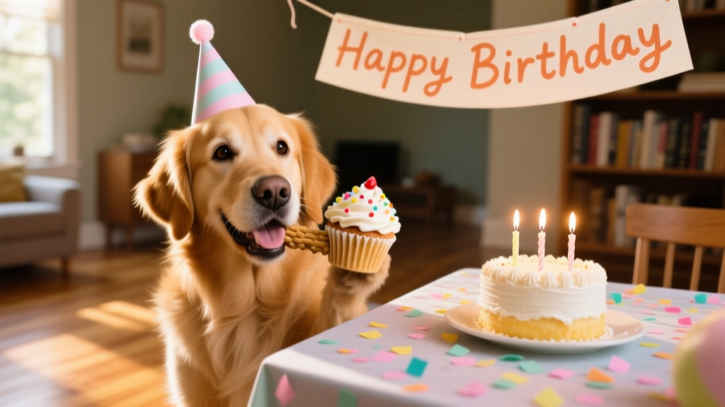 A joyful golden retriever wearing a tiny birthday hat and holding a chew toy shaped like a cupcake, posed next to a festive table with confetti and a 'Happy Birthday' banner