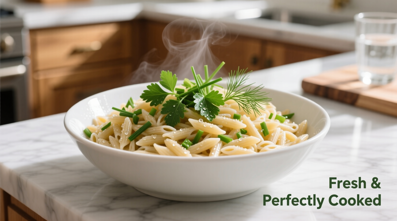 Perfectly cooked orzo in a white bowl with fresh herbs