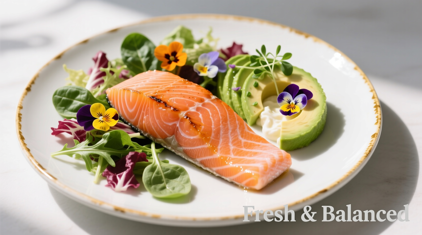 Colorful plate with salmon, avocado, and mixed greens