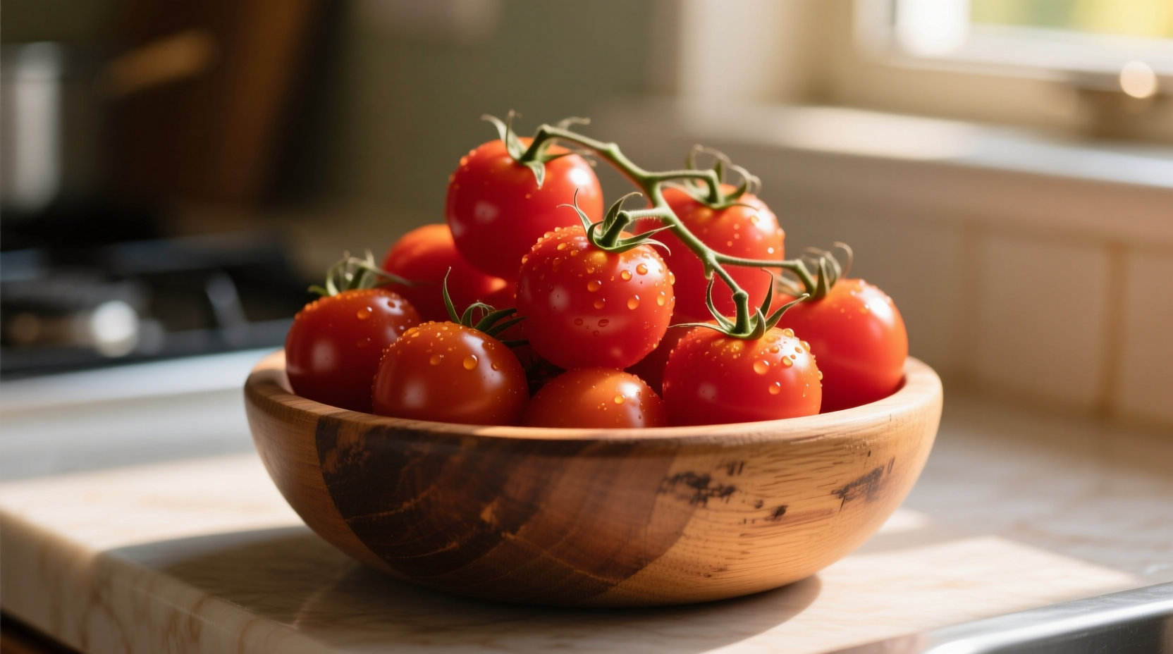 Fresh cherry tomatoes in a wooden bowl