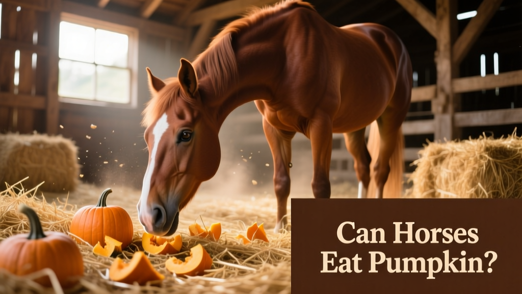 A horse exploring pumpkin pieces hidden in straw bedding, demonstrating natural foraging behavior
